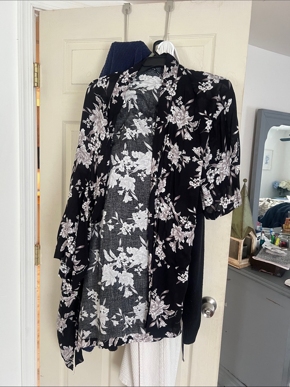 Black Floral Open Front Kimono